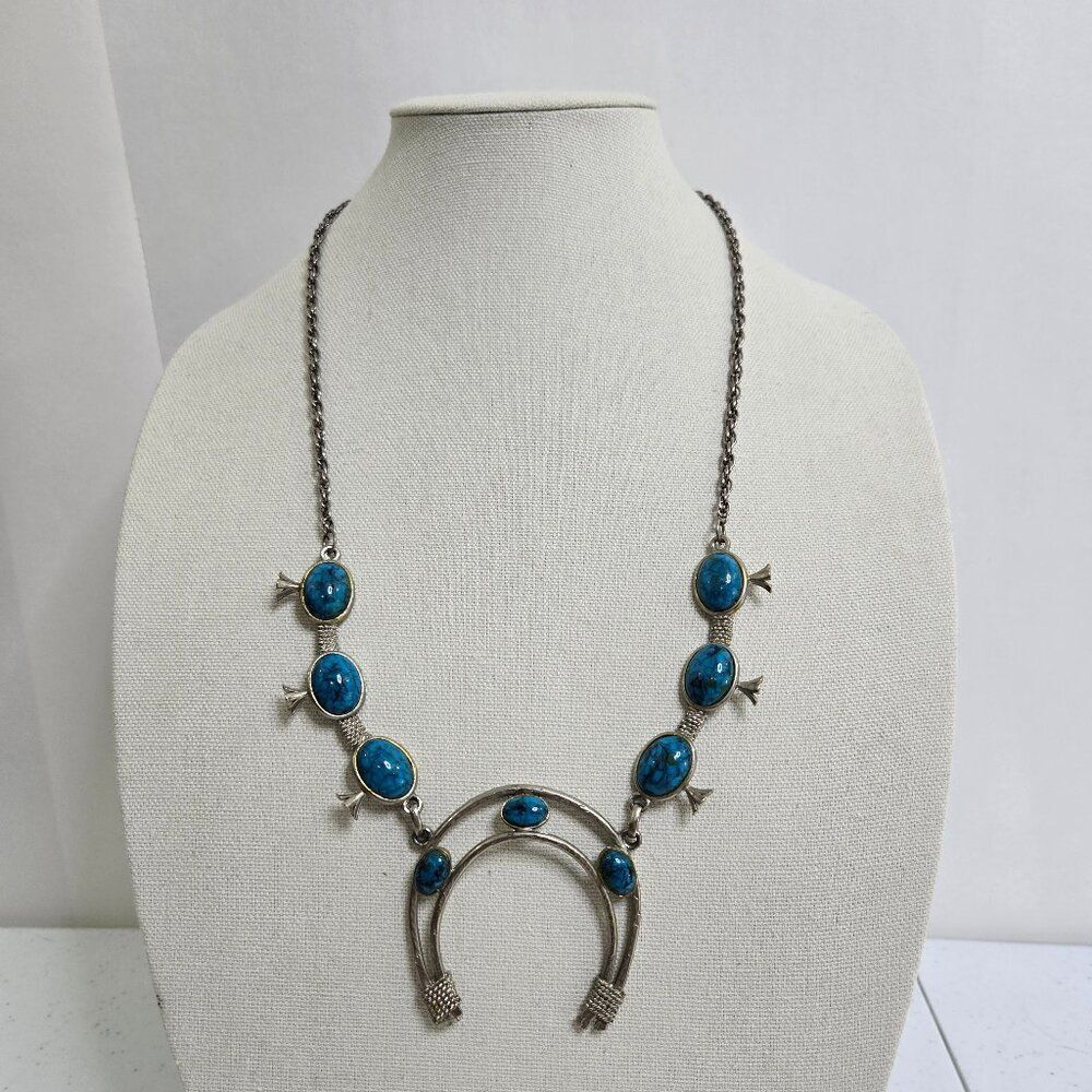 Vintage Faux Turquoise Squash Blossom Silver Tone Necklace Boho Southwest Big